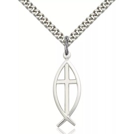 bliss Large Sterling Silver Fish Jesus Cross Christian Medal Pendant Necklace W/ Chain