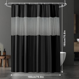 URAQT Shower Curtain, Anti-Mould, Waterproof, Quick-Drying Shower Curtains, Washable PEVA Shower Curtains, 180 x 180 cm with 12 Plastic Shower Curtain Rings, Bath Shower Curtain (Black Splice)