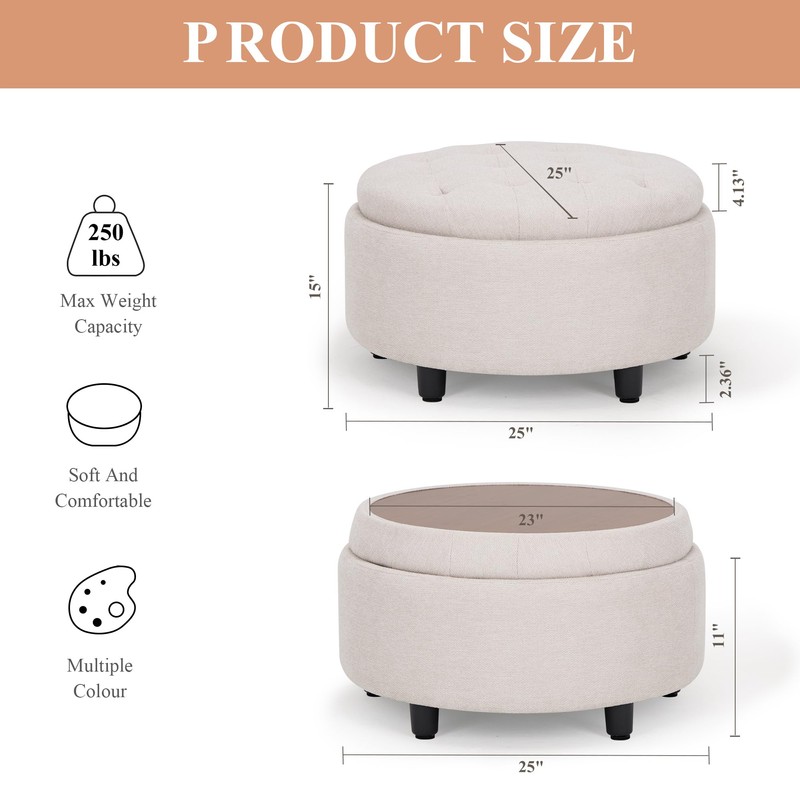 COLAMY Fabric Round Storage Ottoman with Reversible Tray Lid –