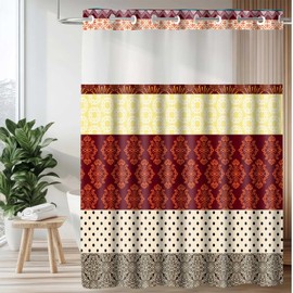 GURETER No Hook Shower Curtain with Snap in Liner Set, Boho Shower Curtain, Bohemian Red Stripes Used for Bathroom Curtains Decor 71x74 in