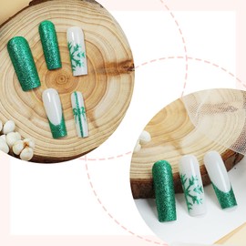 Green Christmas Press on Nails,Long Square Fake Nails with Green Snowflake Design Glitter Press on Nails French Tip Acrylic Nails Full Cover Glossy Stick on Nails for Women Girls Christmas Manicure
