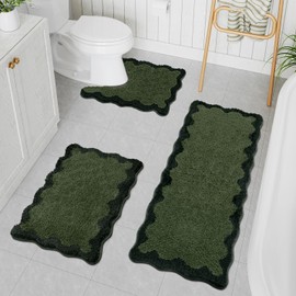 Uphome Scalloped Bathroom Rugs Sets 3 Piece Green Non-Slip Cute Absorbent Long Bathroom Rugs with U-Shaped Contour Toilet Rug Fun Machine Washable Shaggy Bathroom Mats for Bathroom Tub Shower