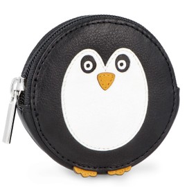 Lederow Women's Small Leather Wallet with Key Ring Including Gift Box - Mini Wallet Coin Purse Women Children for Keys and Coins - Genuine Leather Children's Purse, Penguin - Black