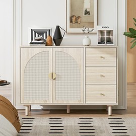 YHAOWORKS Sideboard Buffet Cabinet with Storage - Rattan 2 Door 3 Drawer Dresser, Accent Storage Cabinet with Wicker Door, Boho Wood Credenza for Living Room, Kitchen (Beige)