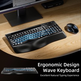 Hamile Ergonomic Wireless Keyboard and Mouse Combo, Wave Keys Full Size Keyboards with Wrist Rest for Natural Typing,Quiet Backlit Mice,Phone Holder,2.4G Wireless for Computer/Laptop/Windows/Mac,Black