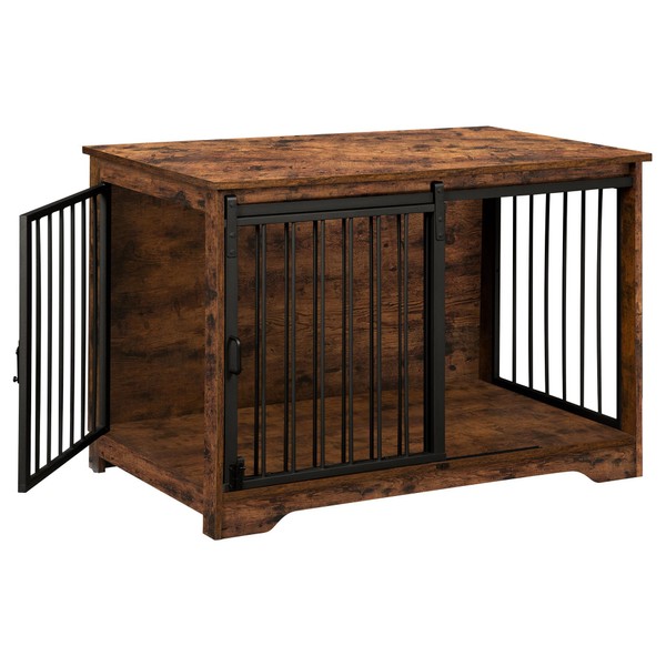Hzuaneri Dog Crate Furniture, 39.4" Heavy Duty Dog Kennels with Sliding Barn Door, End Side Table, Wooden Dog House for Small/Medium/Large Dog, Chew-Resistant, Rustic Brown and Black DFC02301B