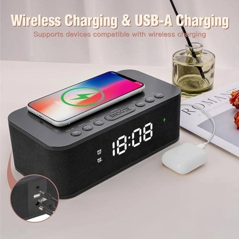 Fansbe Bluetooth speaker, Wireless Charger, White Noise, Dual Alarm Clock,