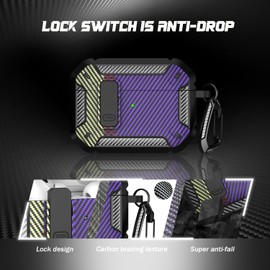 RFUNGUANGO for AirPods Pro Case Cover with Cleaner Kit, Military Hard Shell Protective Armor with Lock for AirPod Pro Charging Case, Front LED Visible, Carbon Fiber Purple
