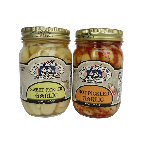 Amish Wedding Foods Hot / Sweet Pickled Garlic 2 -15 oz Jars One of Each Flavor