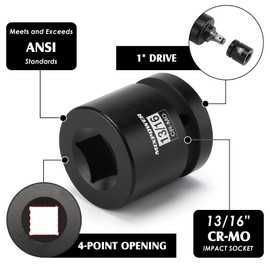 MIXPOWER 1"Drive 13/16" Square Socket, CR-MO, 4-Point, SAE, Black Phosphate Finish