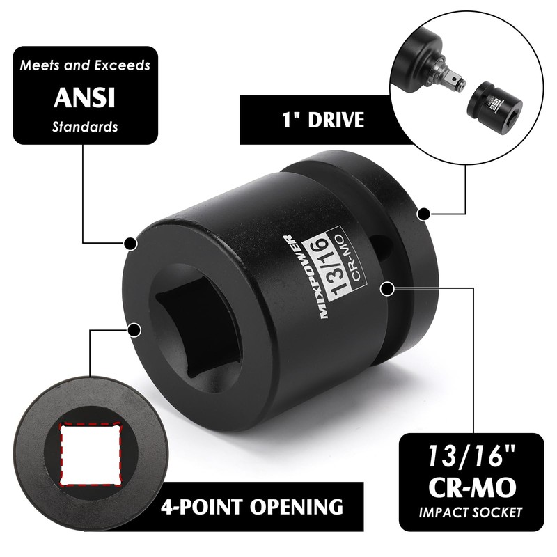 MIXPOWER 1"Drive 13/16" Square Socket, CR-MO, 4-Point, SAE, Black Phosphate