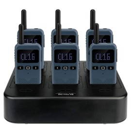 Retevis RB19 2 Way Radio with Screen,Rechargeable Two Way Radios with 6 Way Multi Gang Charger,Channel Display,1650mAh,Slim,Hands Free Walkie Talkies for Adults School Church Healthcare Bank(6 Pack)