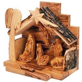 LION OF JUDAH MARKET Olive Wood Nativity Set with Figurines | | Bark Roof Stable | Made in Bethlehem