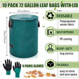 10 Pcs 72 Gallons Yard Waste Bags with Lid and 4 Pairs Gardening Coated Gloves Leaf Bags (h30" x D26") 4 Handles Large Waste Container for Lawn Yard Weed Leaf