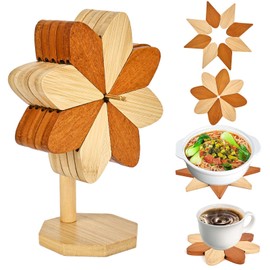 Trivet Heat Resistant Bamboo, Creative Coasters Wood in Windmill Shape, 5 Wooden Coasters and 1 Stand, Pinwheel Table Decoration Bamboo Pot Mat for Tableware Pot Bowl Teapot