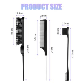 AOOWU Sleek Bun Brush, 3-Piece Toupee Comb Set with Rat Tail Comb and Bristles, Hair Brush, Double Edges Toupee Brush, Hair Brush Care Edges Handle Comb Combs for Hairdresser Women Children
