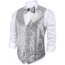 Barry.Wang Mens Sequins Vest Set V-neck Shiny Waistcoat Bowtie Set Prom Party Tuxedo Wedding for Men Dress Suit Vest S-3XL