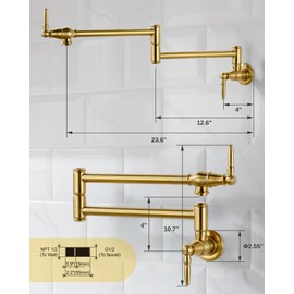 Pot Filler Faucet Brushed Gold: Solid Brass Wall Mount Heavy Duty Stove Pot Filler with Double Joint Swing Arms - Single Hole Commercial Folding Stretchable Faucet 2 Handles for Kitchen Restaurant