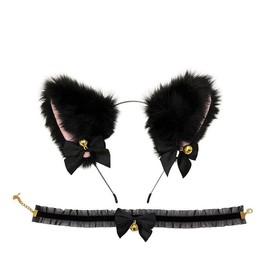 Cosplay Girl fluffy cat ear headdress accessories with collar set, fluffy ears with bells and bows, available in black and white (Black)
