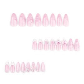 KTAABTR Pink Press on Nails Medium Almond Nails, Nude Fake Nails with Glue Full Cover Acrylic Nails 3D Flower, Butterfly, Pearl Stick on Nails for Women 24Pcs French Tip False Nails Decoration Set