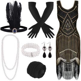 FEPITO 1920s V Neck Sequin Beaded Fringed Dress with 20s Accessories Set, Black gold