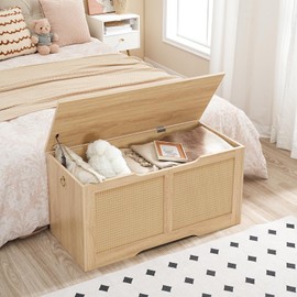 HOOBRO Storage Chest, 43.3" Storage Bench, Rattan-Like Storage Trunk, Sturdy Entryway Bench Supports 220 lb, Shoe Bench, Safety Hinge, U-Shaped Opening, Easy Assembly, Natural NL22CW01