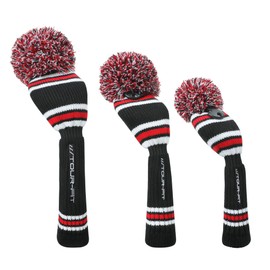 Golf Club Headcover | Tour Fit Double Layer Pom Pom Premium Knitted Golf Head Cover | Red/Black/White | Driver, Fairway, Rescue | Set of 3 or 4 (Set of 3 Covers)