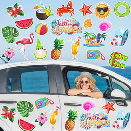Whaline 21Pcs Summer Reflective Car Magnets Hello Summer Flower Sun Beach Refrigerator Magnetic Stickers Summer Garage Magnet Decal for Mailbox Metal Door Cabinets (Not for Aluminum Alloy Vehicle)