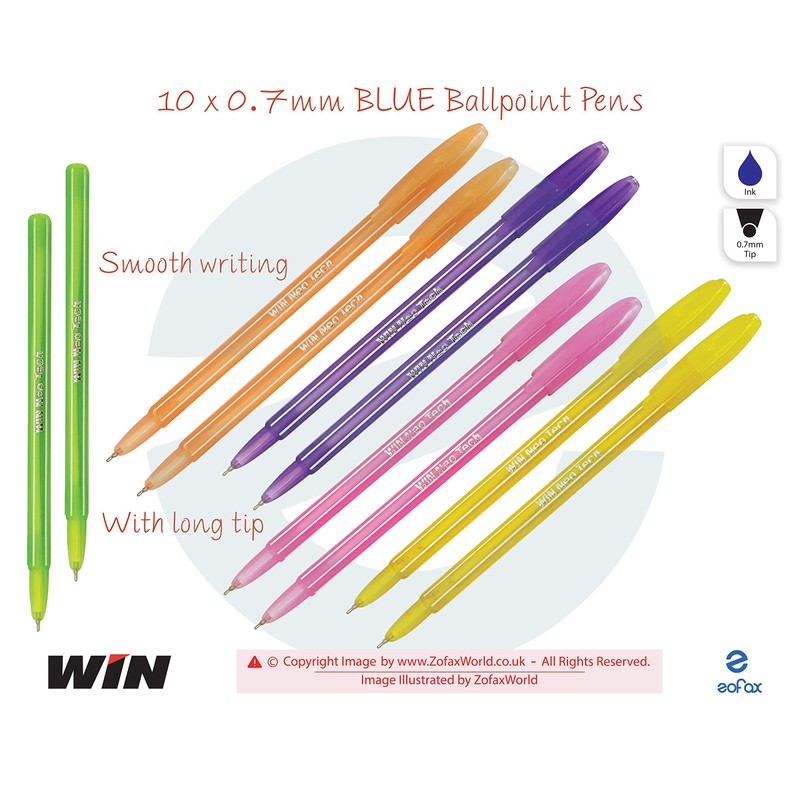 WIN 10 x 0.7mm Fine Tip NeoTech BLUE Ballpoint Pens
