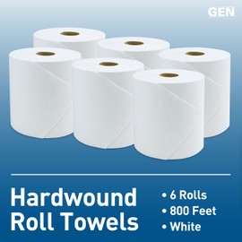 GEN Hardwound Roll Towels - White, 8-Inch x 800 ft, 6 Rolls/Carton