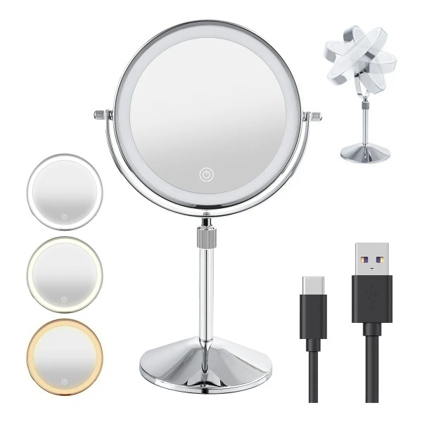 Espejo De Maquillaje Led Retráctil Aumento Doble Cara Usb
