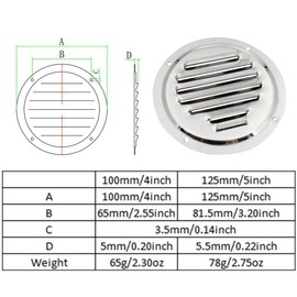 2 Pcs Round Louvered Vent, 316 Stainless Steel Air Vent Grille Ventilator Cover for Yachts, RVs and Fume Cupboards (125mm/5inch)