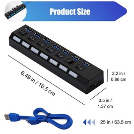 KANCOKIT 7 Ports USB 3.0 Hub for PC, Powered Splitter with Individual ON/Off Switches, 5Gbps HighSpeed Data USB Extension for Laptop, iMac, USB Flash Drives, Mobile HDD, Printer, Camera and More