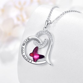 KINGWHYTE Butterfly Necklace for Women 925 Sterling Silver I Love You More Heart Pendant Necklace Jewellery Gifts for Mother Daughter Wife, Sterling Silver, Amethyst, zircon