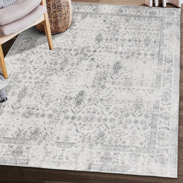 ReaLife Machine Washable Rug - Stain Resistant, Non-Shed - Eco-Friendly, Non-Slip, Family & Pet Friendly - Made from Premium Recycled Fibers - Vintage Distressed Trellis - Ivory-Grey, 5' x 7'
