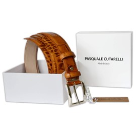PASQUALE CUTARELLI Mens Crocodile Pattern Italian Leather Belt Tawny Brown Large 40 Inches