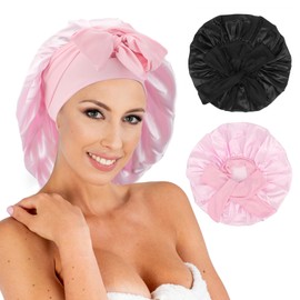 Classycoo Pack of 2 Large Sleep Caps, Adjustable Sleeping Cap for Women and Girls, Shower Cap for Sleeping with Elastic Band - for Curls Sleep Cap for Long Hair (Black + Pink)