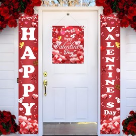 3PCS Happy Valentines Day Banner Valentines Day Decorations Red Heart Valentine's Door Porch Banner Backdrop Indoor Outdoor Background for Photograph Wall Front Door Decor Party Supplies