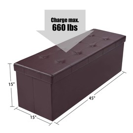 Safeplus 45" Folding Storage Ottoman Bench, 165L Oversized Storage Chest Footrest Padded Seat for Bedroom,Faux Leather,Brown