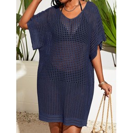 Womens Suimsuit Cover Up Short Sleeve Hollow Out Swimwear Coverup Bathing suit Knit Beach Tops (Navy, X-Large)
