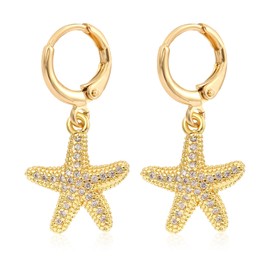 Boho Gold Starfish Earrings, Rhinestone Starfish Earrings Starfish Dangle Earrings Starfish Hoop Earrings for Women Gift Summer Beach Jewelry Decoration Trendy Jewelry Accessories