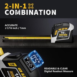 Alloyman 2-in-1 Digital Tape Measure, 16Ft Measuring Tape, 50 Groups Historical Memory, 6 Units Switch, 4 Measuring Modes, Auto Lock with Movable Magnetic Hook, Waterproof & Drop Proof, App Sync
