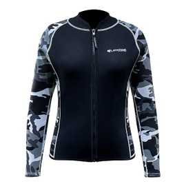 LayaTone Women's 2mm Neoprene Wetsuit Top – YKK Front Zip with Zinc Alloy, Printed Size Label (No Itch), 20% Nylon for Tear-Resistant Comfort – Swim/Surf/Snorkel/Paddle (Camo, X-Large)