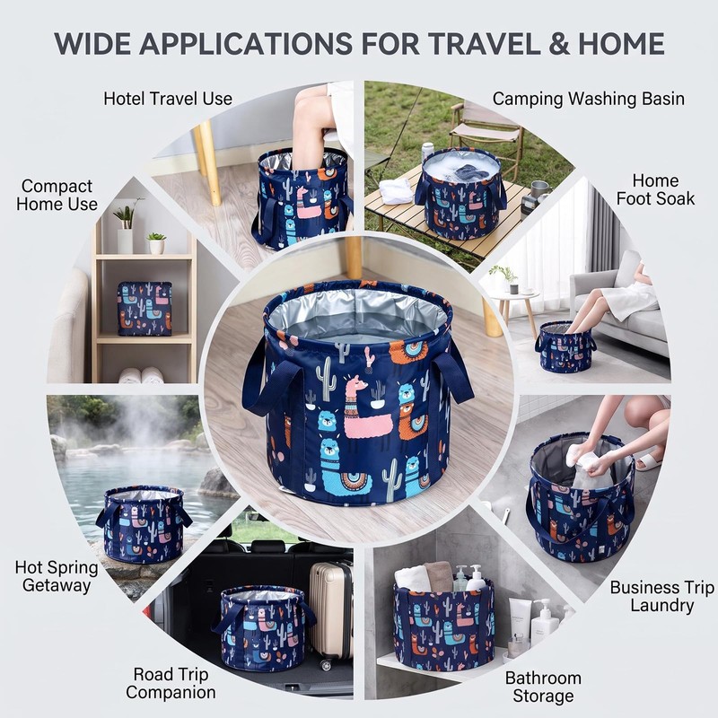 Navy Blue Collapsible Print Foot Soak Tub 15L Travel Feet