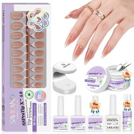 SAVILAND Nails Press Ons Almond: 4-In-1 French Tip Press On Nails Full Cover 90 Pcs 15 Sizes Press On Nails Almond Medium Strong Nail Glue for Press Ons U V Light Remover A-F Primer French Tip Tool