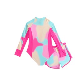 JiAmy Swimming Suit for Girls Long Sleeve Sun Protection Rash Guard Shirts with Shorts Tie-dye Printed Swimwear for 11-12 Years, Bright Pink(Tag:11Y)