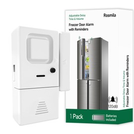Rosmila Freezer Door Alarm 1 Pack, Refrigerator Door Alarm When Left Open, Close Door Reminder, with 60/120/180/240 Seconds Delay Alert, Low/Loud 80 to 120 dB (White)