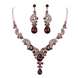 EVER FAITH Rhinestone Crystal Bridal Party for Woman Floral Wave Teardrop Wedding Necklace Earrings Set Purple Silver-Tone