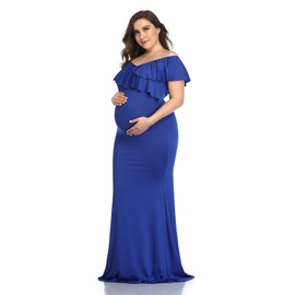 Mommy Jennie Long Maternity Dress for Photoshoot Stretchy Pregnancy Ruffle Maxi Photography Dress for Baby Shower,Royal Blue,XL