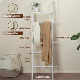 Taozun 67-Inch Farmhouse Blanket Ladder with Shelf and Hooks, 5-Tier Wooden Wall Leaning Towel Quilt Rack Holder for Living Room Decor